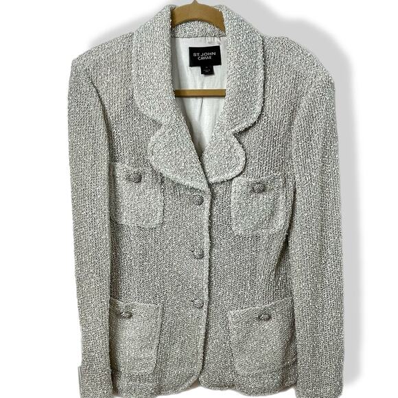 St. John Caviar knit jacket 12 beige cream silver rhinestone buttons - Picture 1 of 10